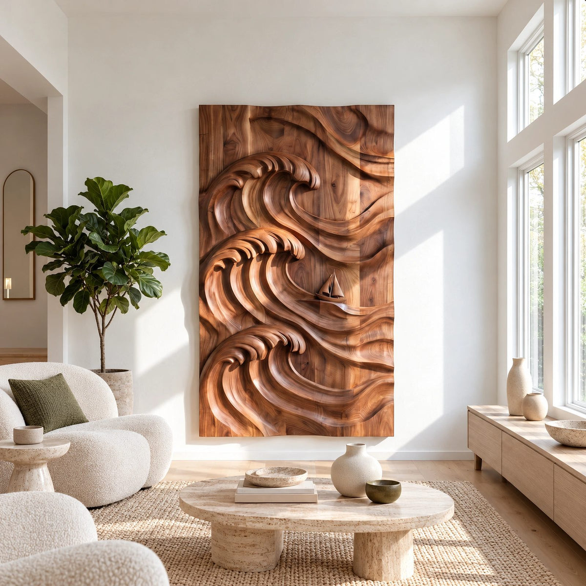 Coastal Hand Carved Ocean Wave Wall Art With Deep Relief For Living Room