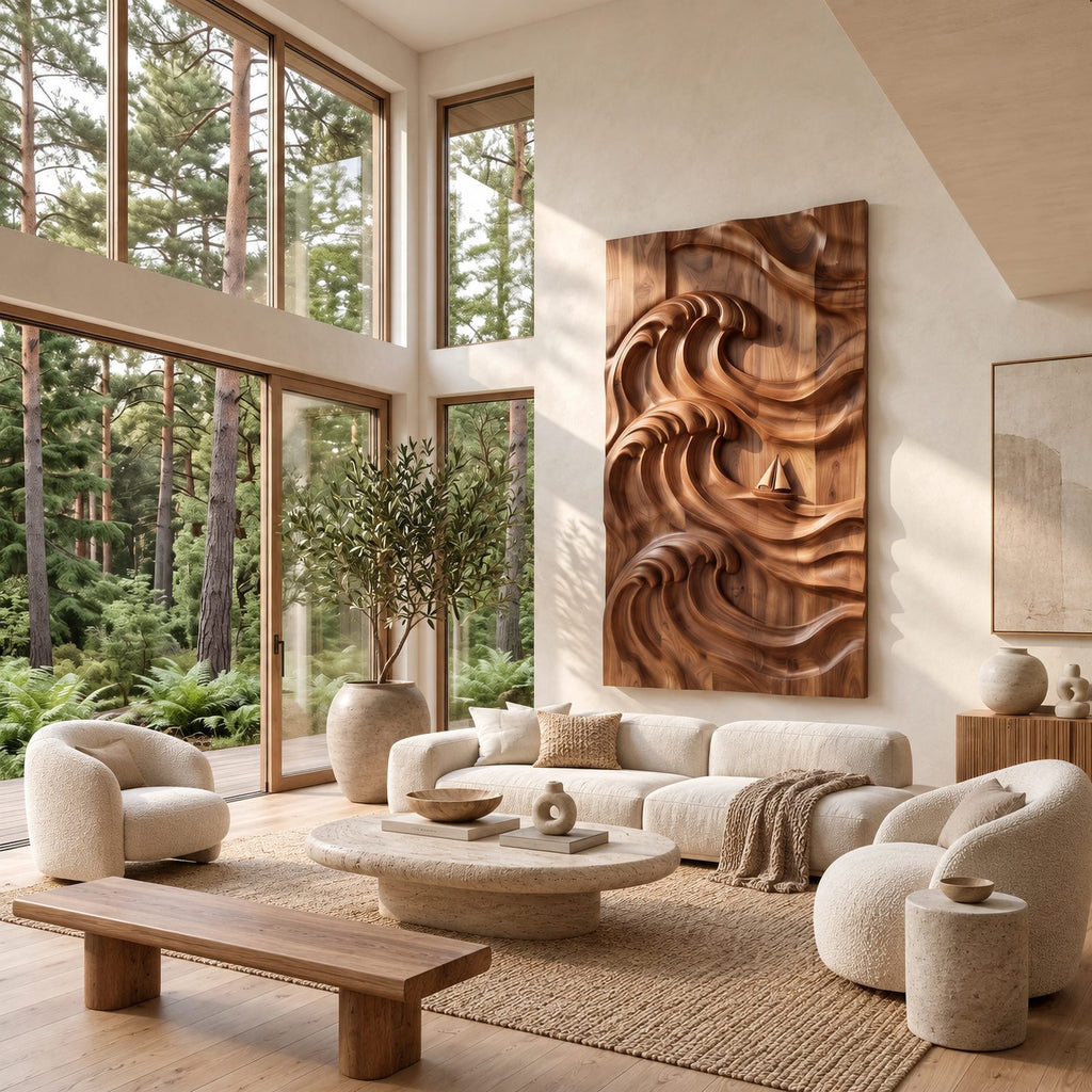 Coastal Hand Carved Ocean Wave Wall Art With Deep Relief For Living Room