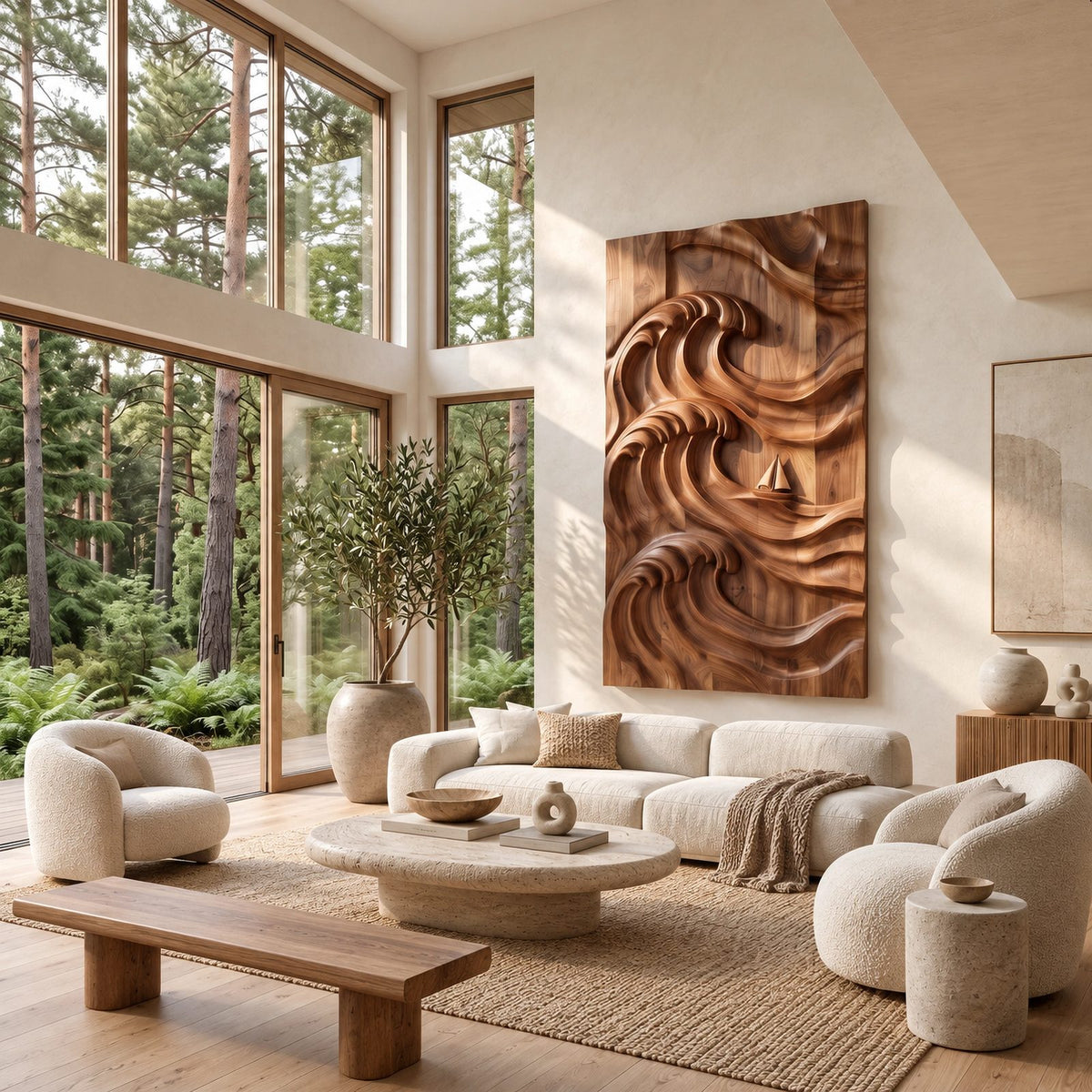 Coastal Hand Carved Ocean Wave Wall Art With Deep Relief For Living Room