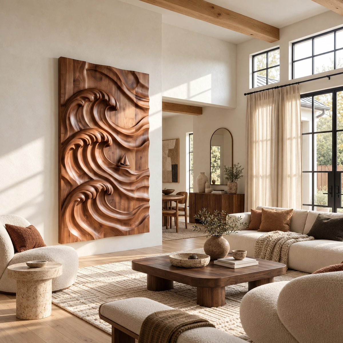 Coastal Hand Carved Ocean Wave Wall Art With Deep Relief For Living Room