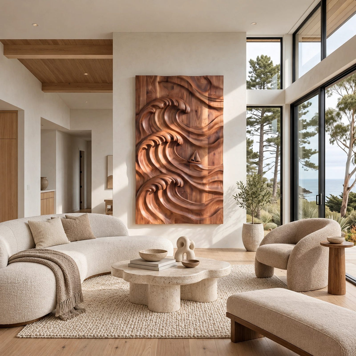 Coastal Hand Carved Ocean Wave Wall Art With Deep Relief For Living Room