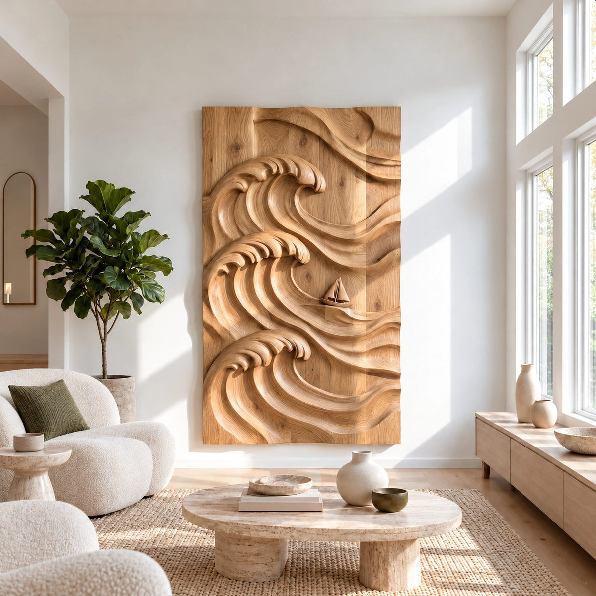 Coastal Hand Carved Ocean Wave Wall Art With Deep Relief For Living Room