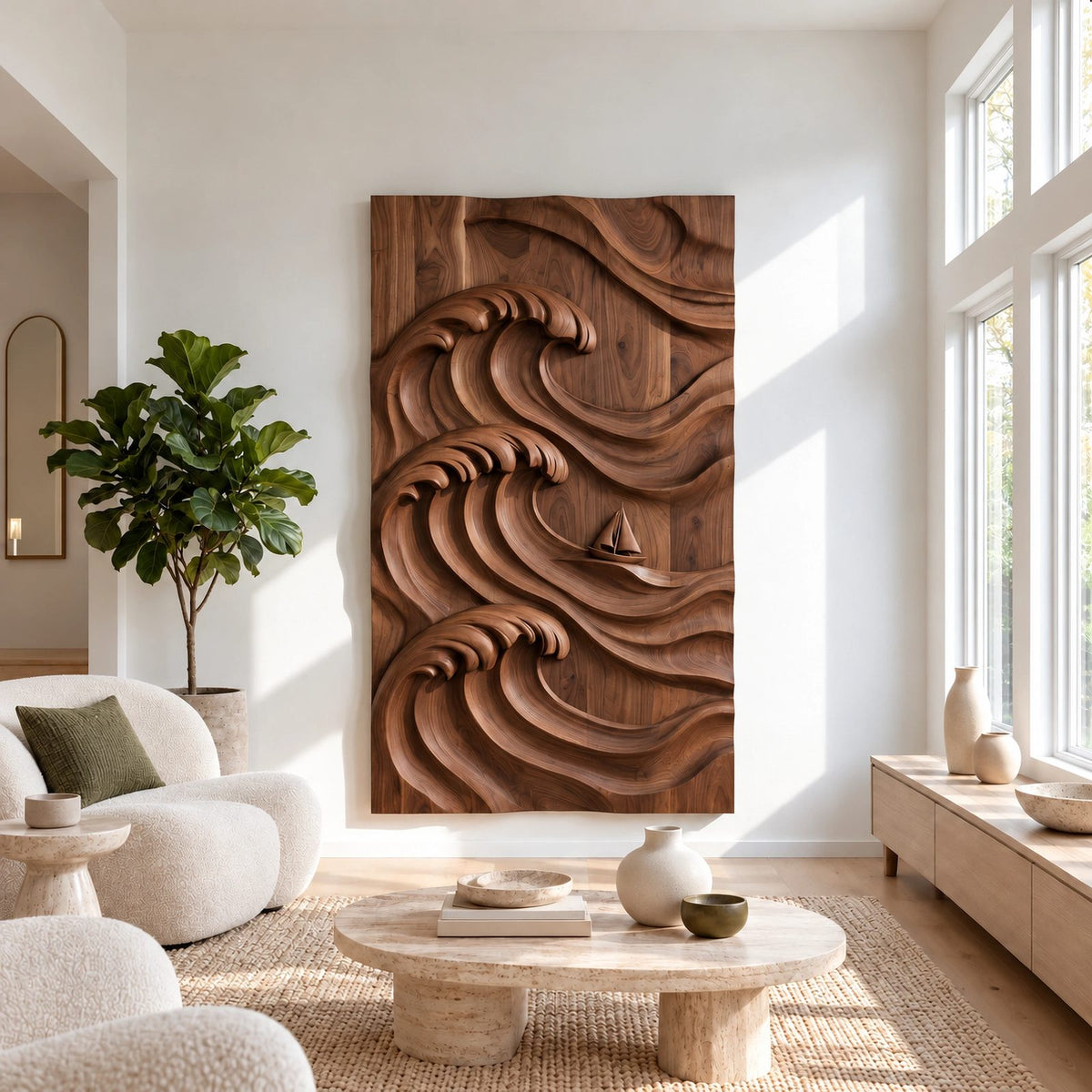 Coastal Hand Carved Ocean Wave Wall Art With Deep Relief For Living Room
