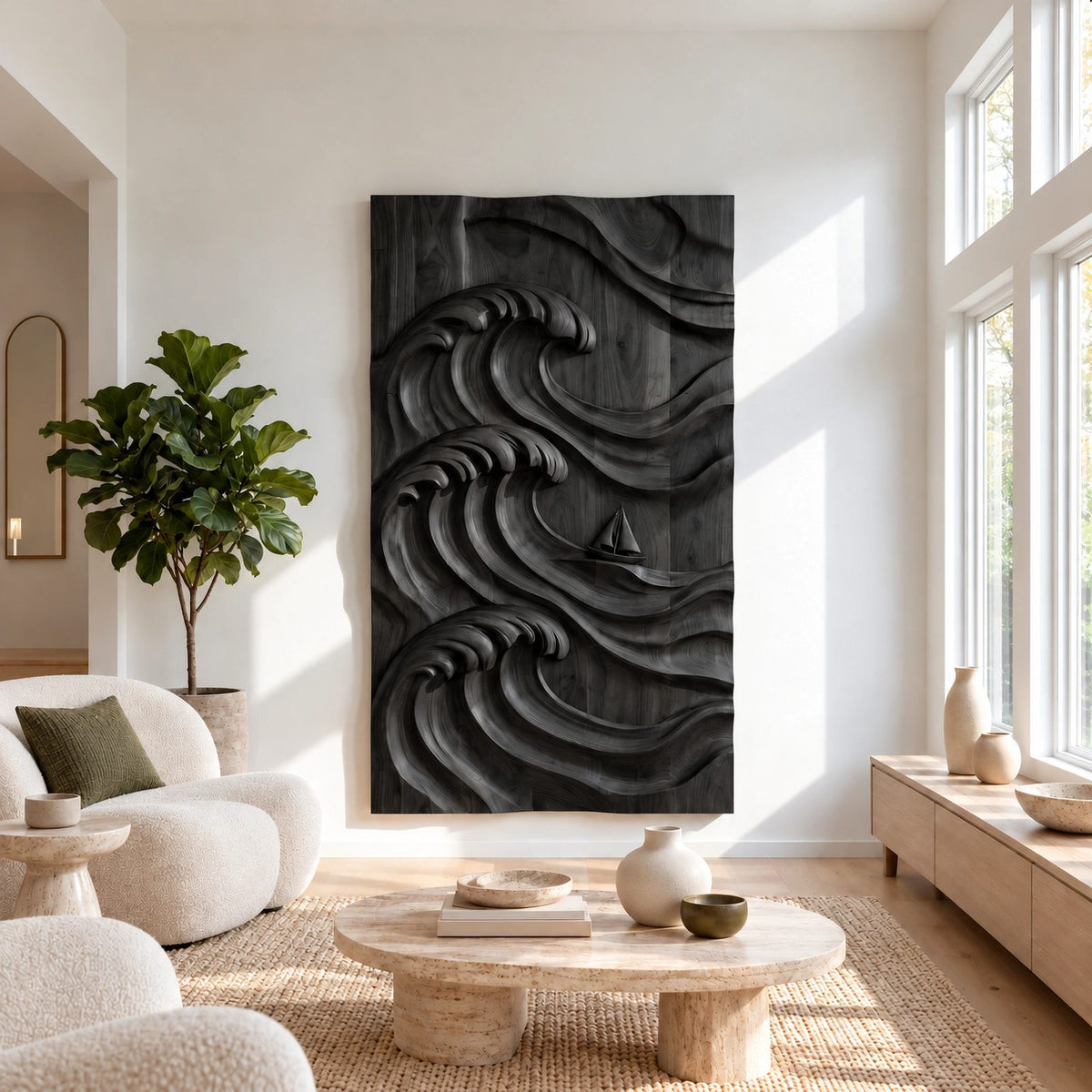 Coastal Hand Carved Ocean Wave Wall Art With Deep Relief For Living Room