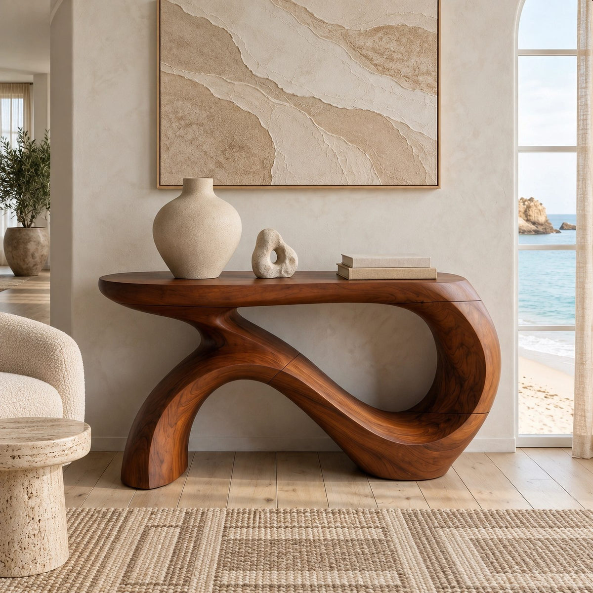 Bold Curved Wooden Console Table With Looping Ribbon Base For Entryway