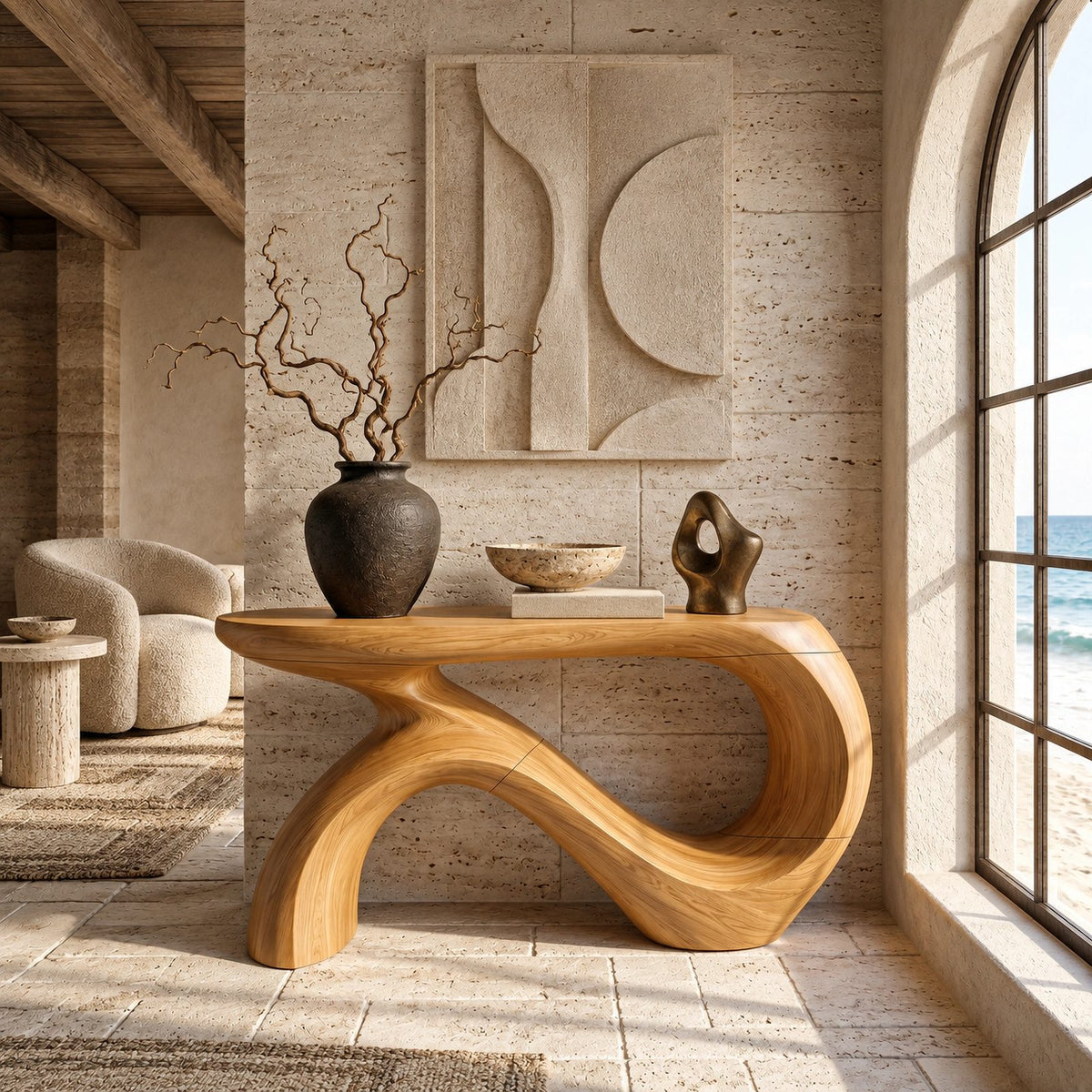 Bold Curved Wooden Console Table With Looping Ribbon Base For Entryway