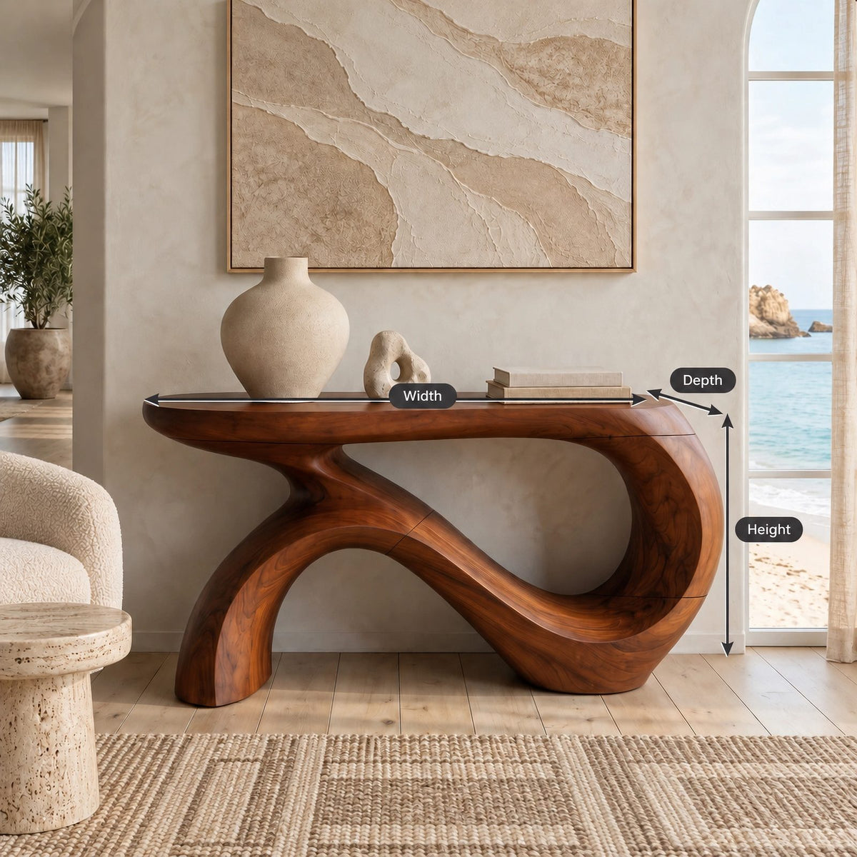 Bold Curved Wooden Console Table With Looping Ribbon Base For Entryway