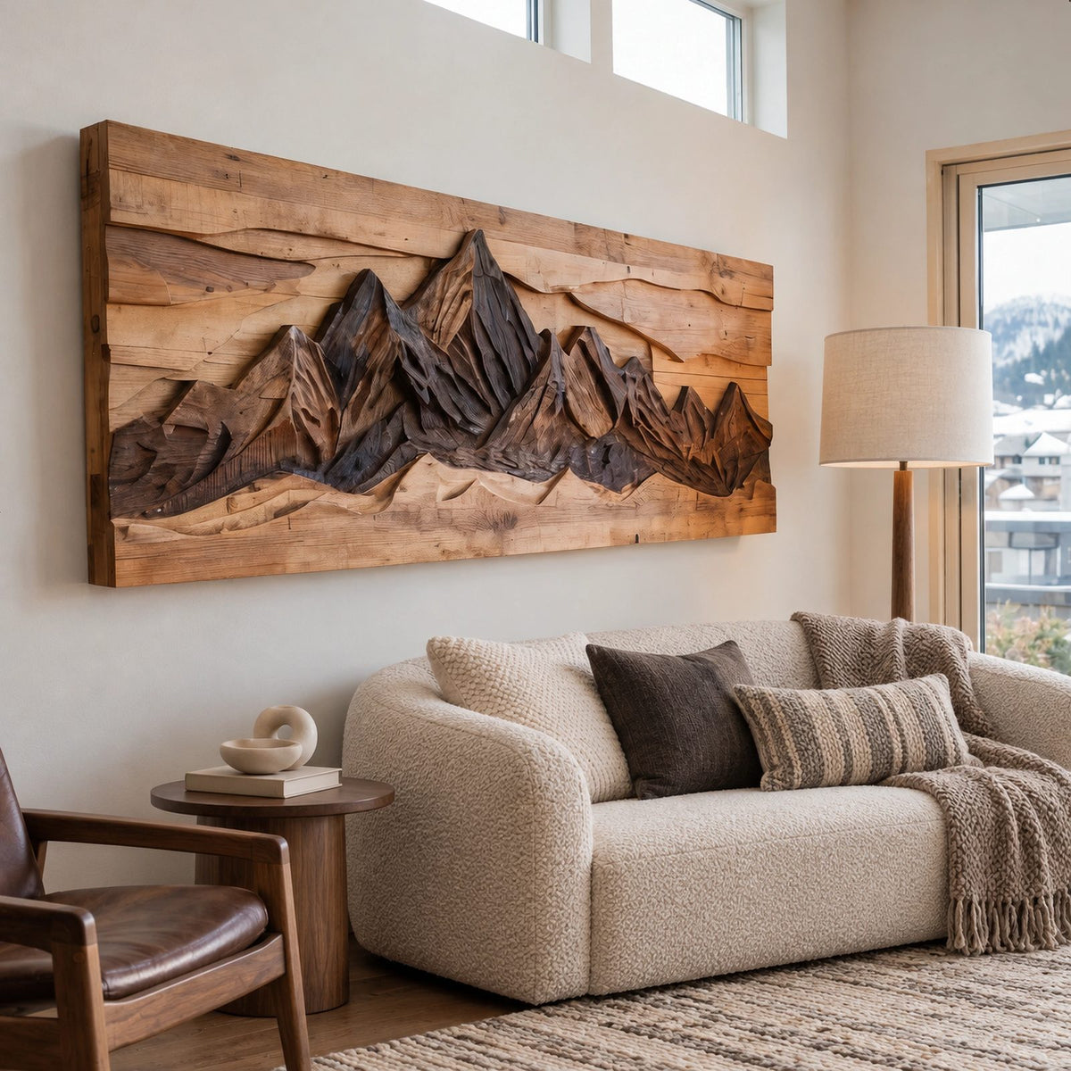 Industrial Carved Mountain Wall Art With Rustic Plank Backing For Living Room