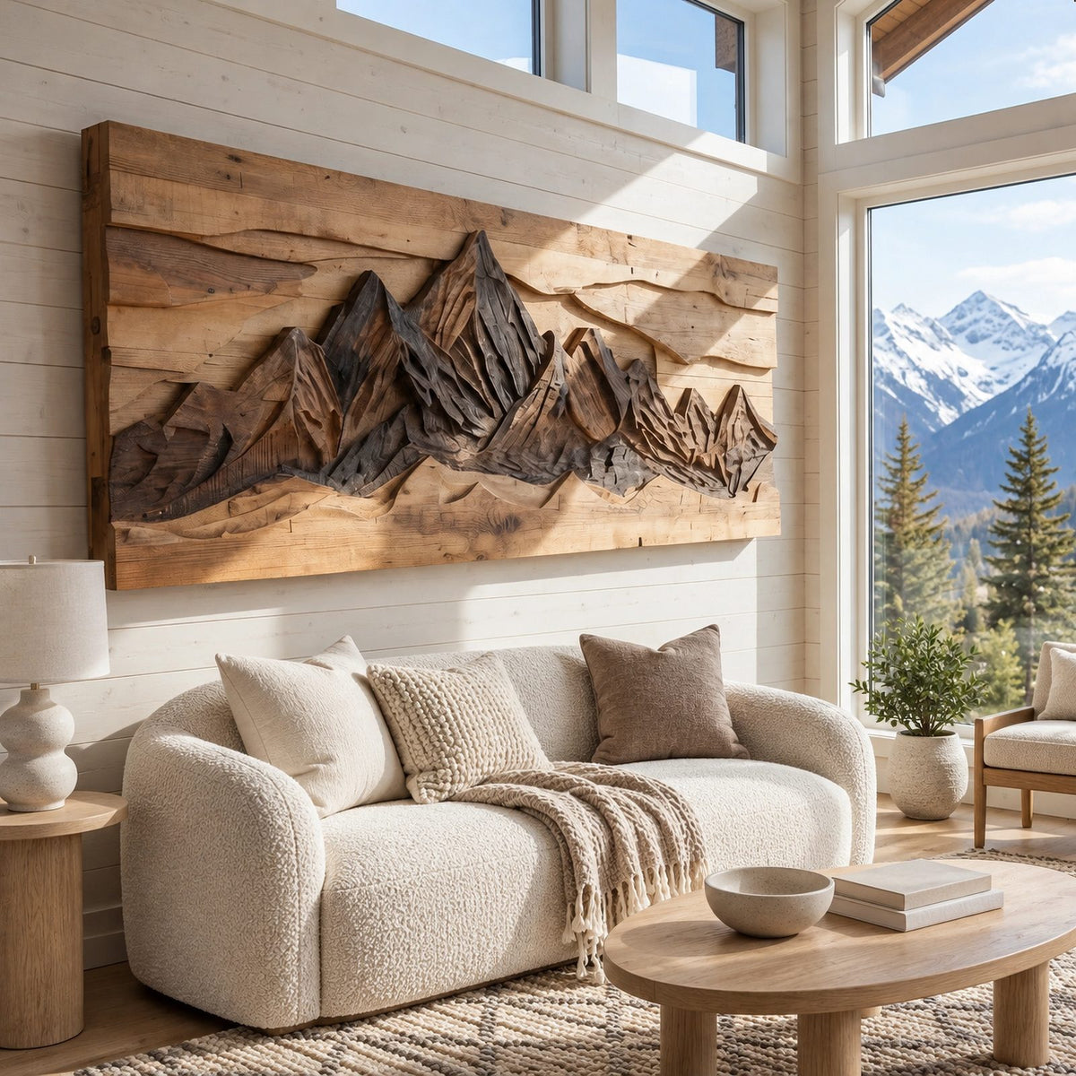Industrial Carved Mountain Wall Art With Rustic Plank Backing For Living Room
