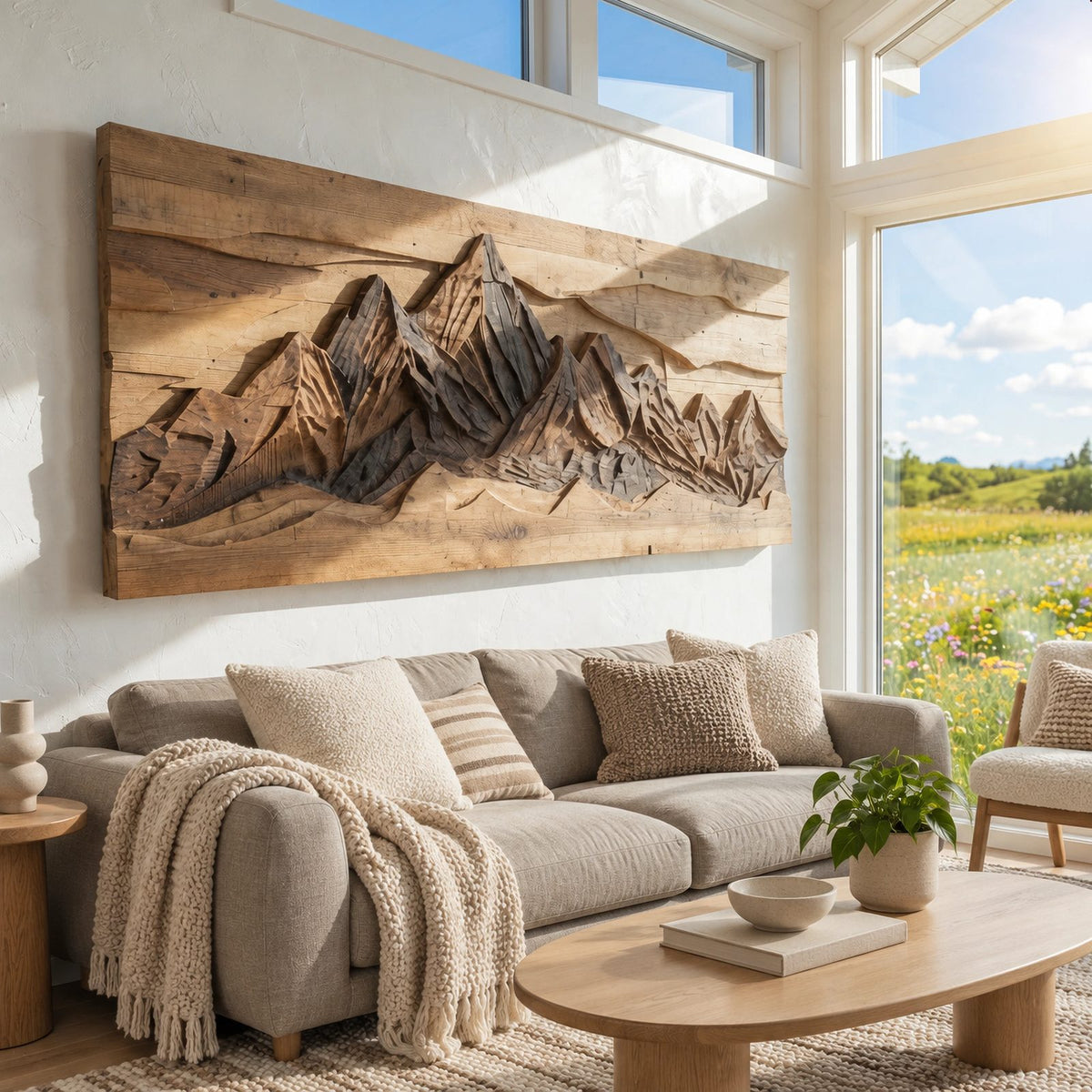 Industrial Carved Mountain Wall Art With Rustic Plank Backing For Living Room