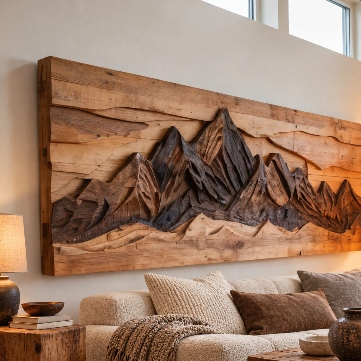 Industrial Carved Mountain Wall Art With Rustic Plank Backing For Living Room