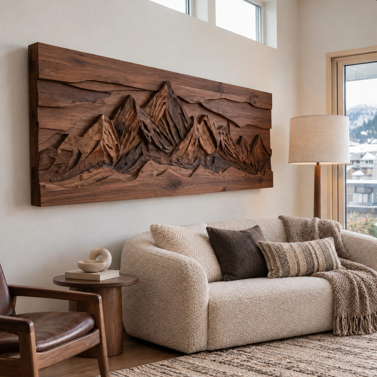 Industrial Carved Mountain Wall Art With Rustic Plank Backing For Living Room