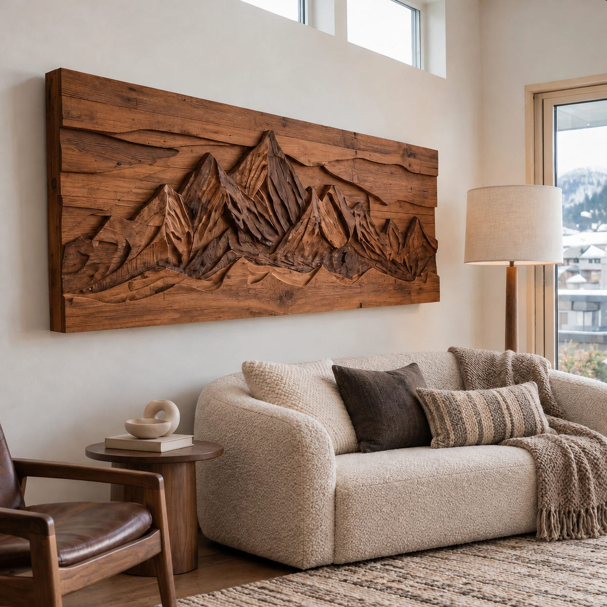 Industrial Carved Mountain Wall Art With Rustic Plank Backing For Living Room