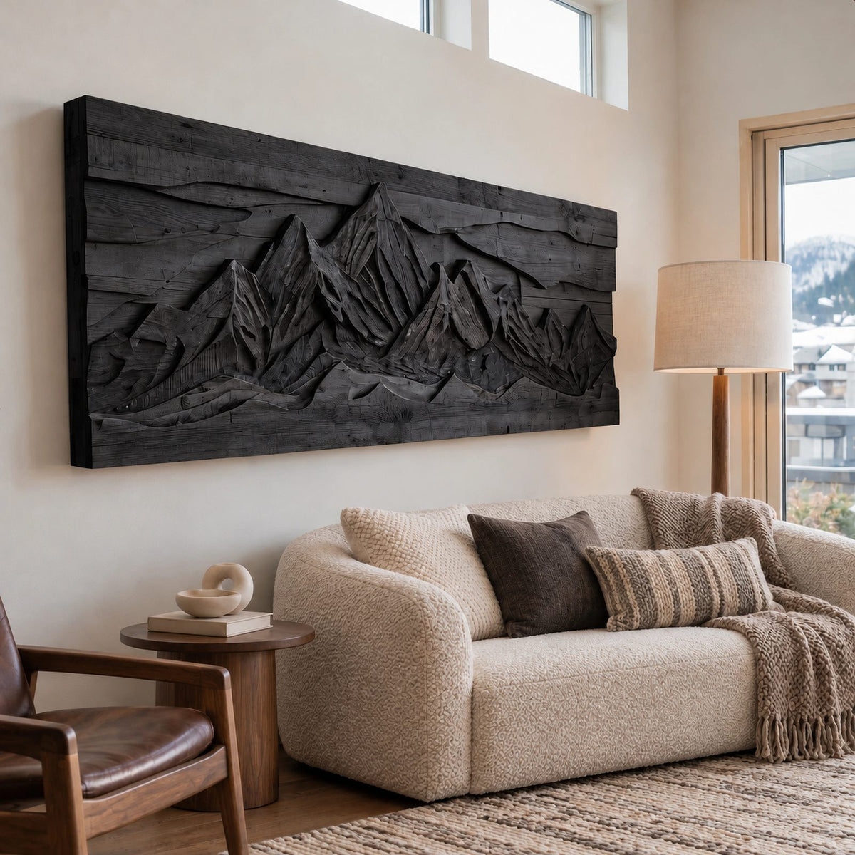 Industrial Carved Mountain Wall Art With Rustic Plank Backing For Living Room