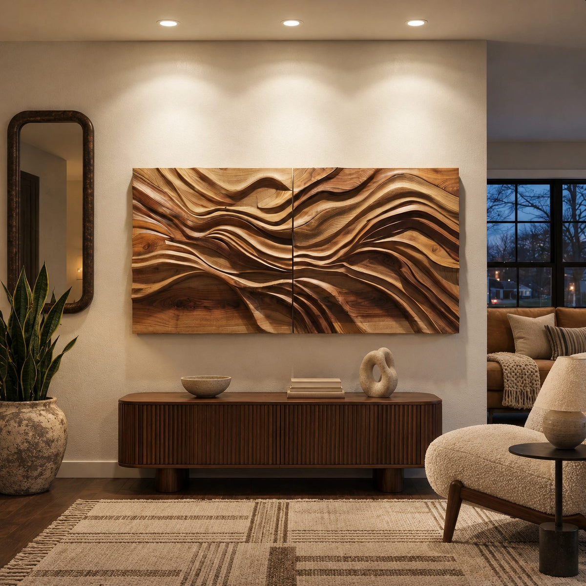 Contemporary Carved Wave Wall Art With 2 Panel Design For Living Room