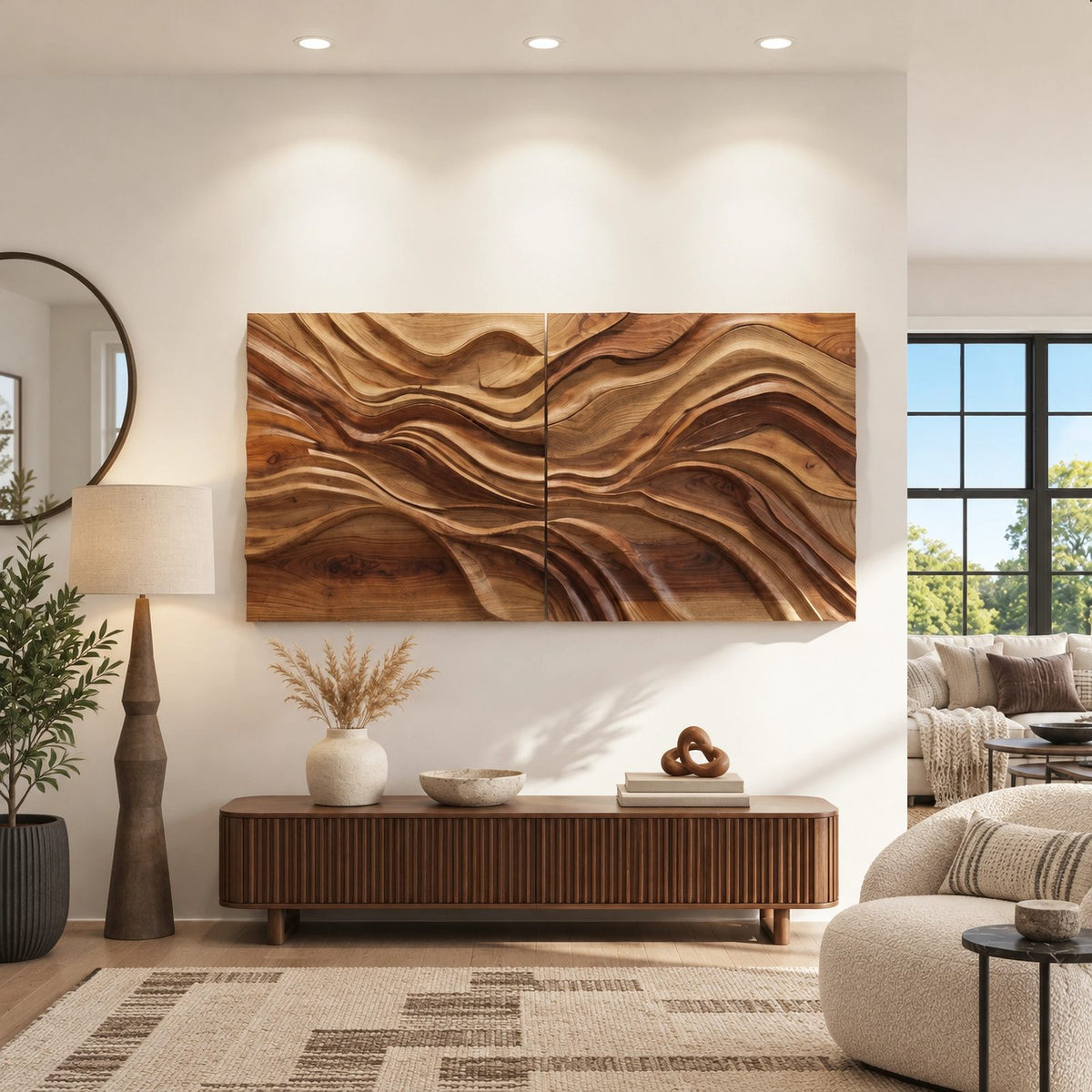 Contemporary Carved Wave Wall Art With 2 Panel Design For Living Room
