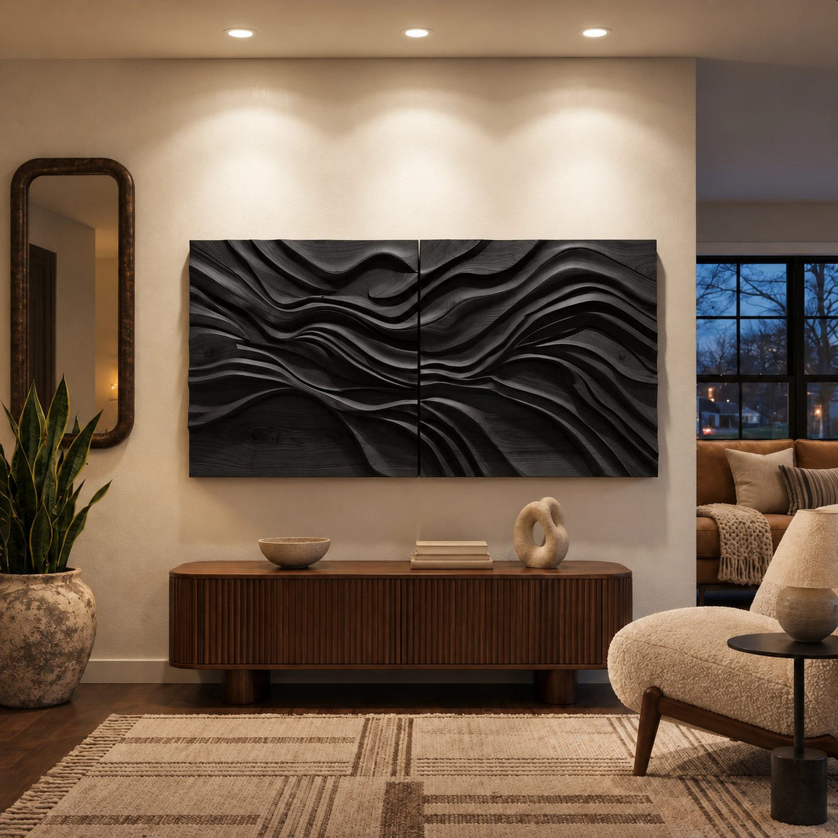 Contemporary Carved Wave Wall Art With 2 Panel Design For Living Room