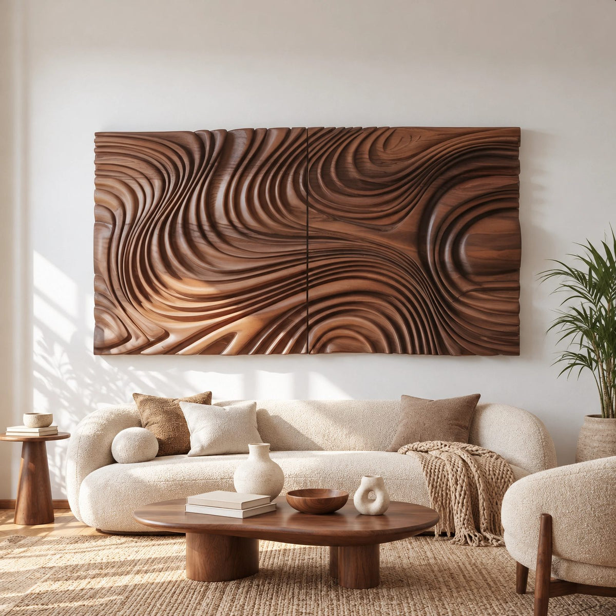 Modern Deep Carved Wave Wall Art With Swirling Grain For Living Room