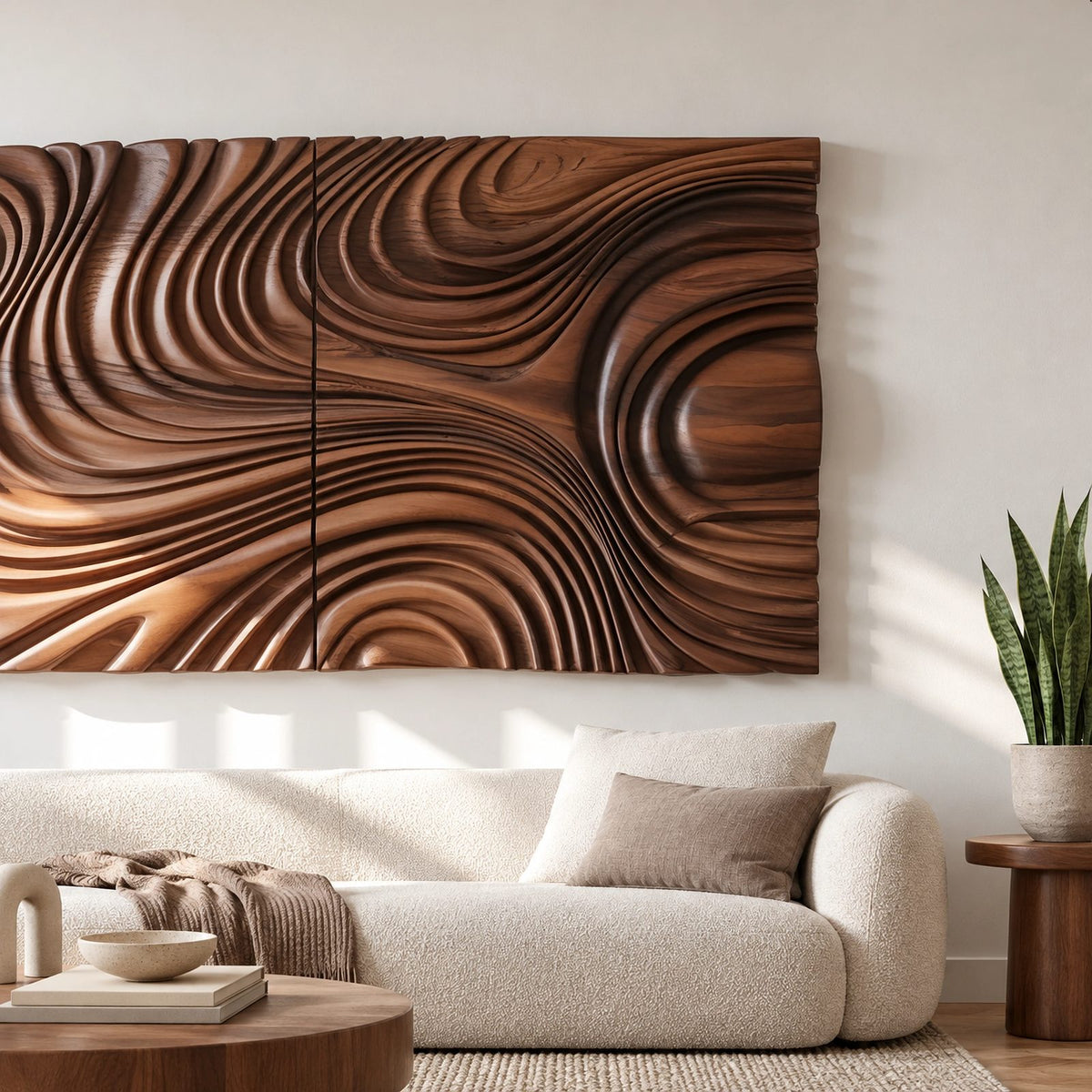 Modern Deep Carved Wave Wall Art With Swirling Grain For Living Room