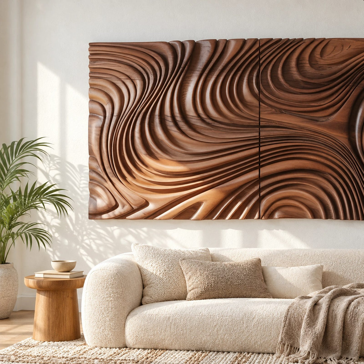 Modern Deep Carved Wave Wall Art With Swirling Grain For Living Room