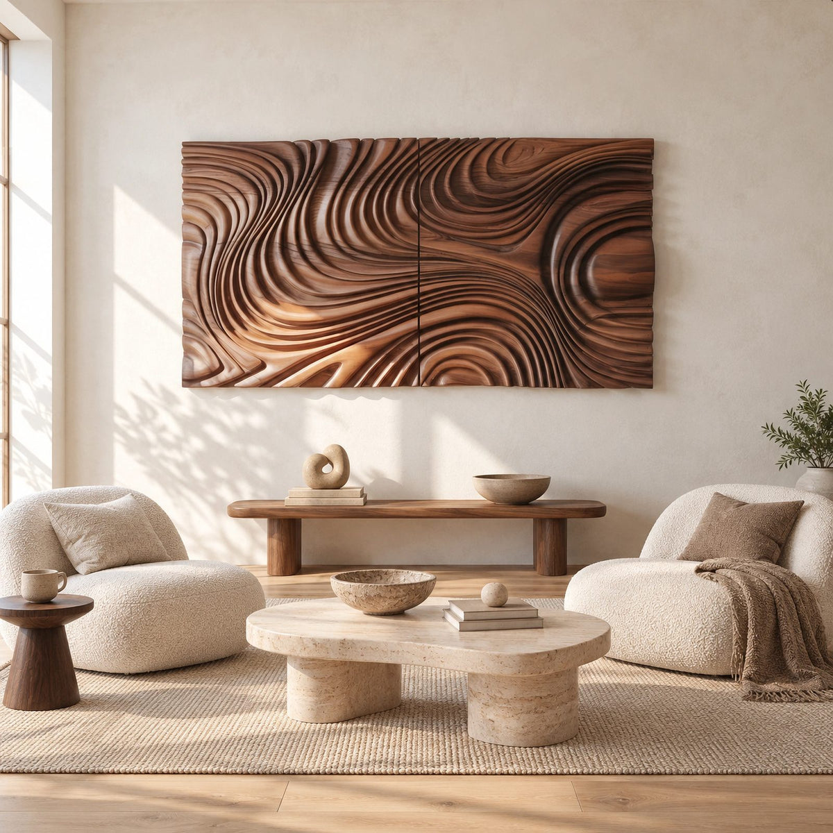 Modern Deep Carved Wave Wall Art With Swirling Grain For Living Room