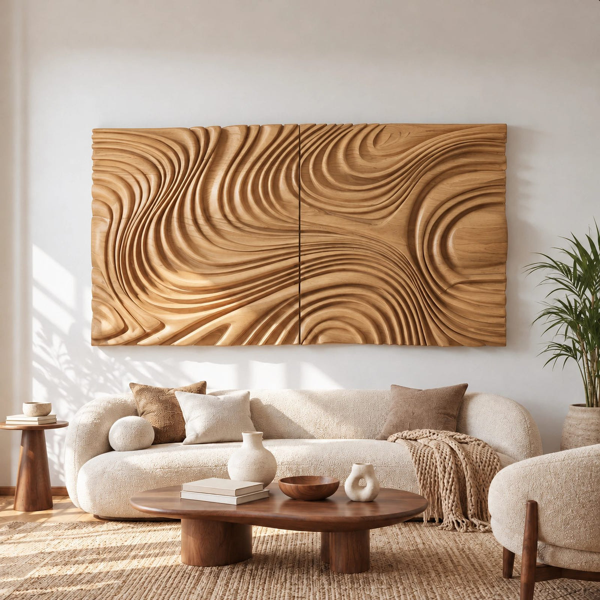 Modern Deep Carved Wave Wall Art With Swirling Grain For Living Room