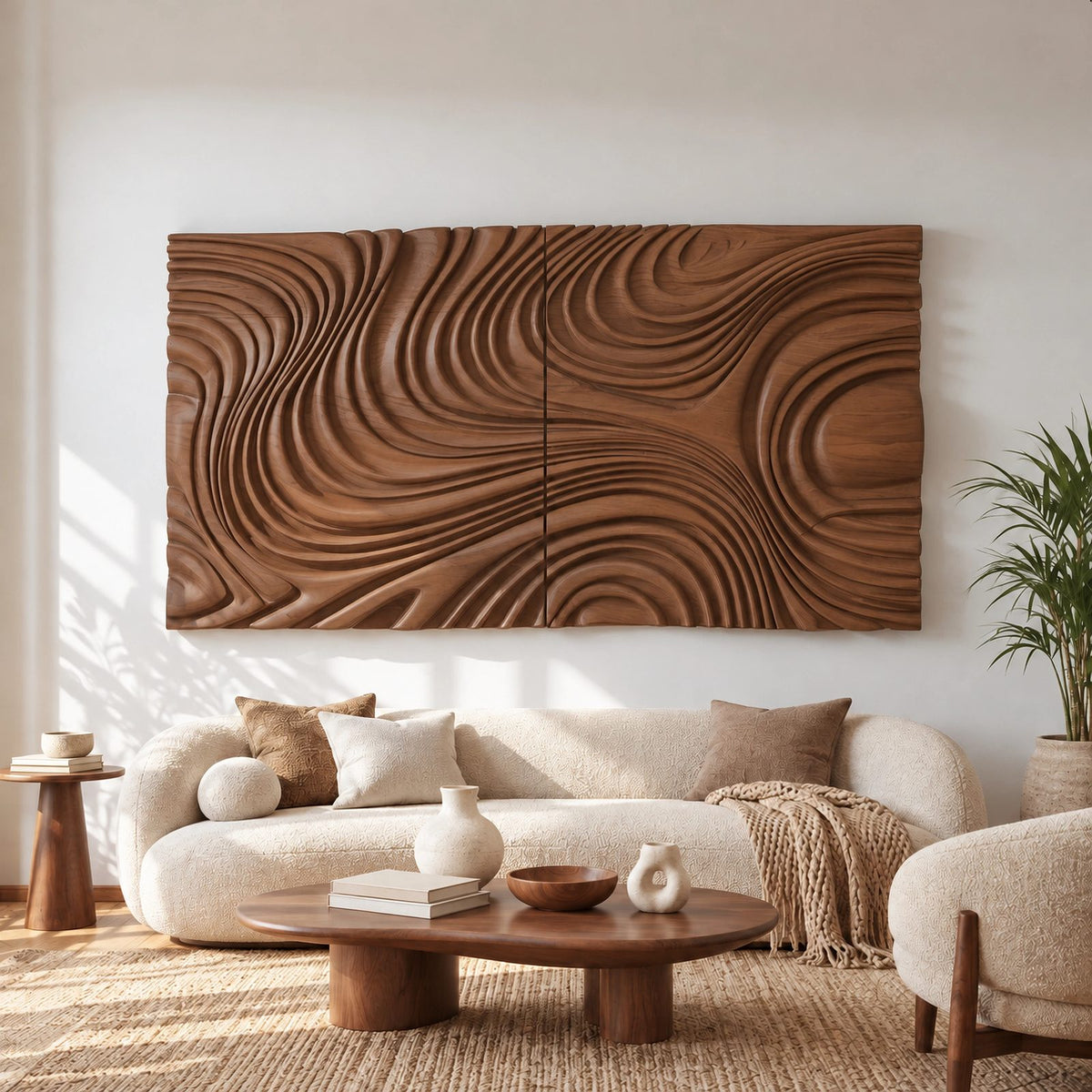 Modern Deep Carved Wave Wall Art With Swirling Grain For Living Room