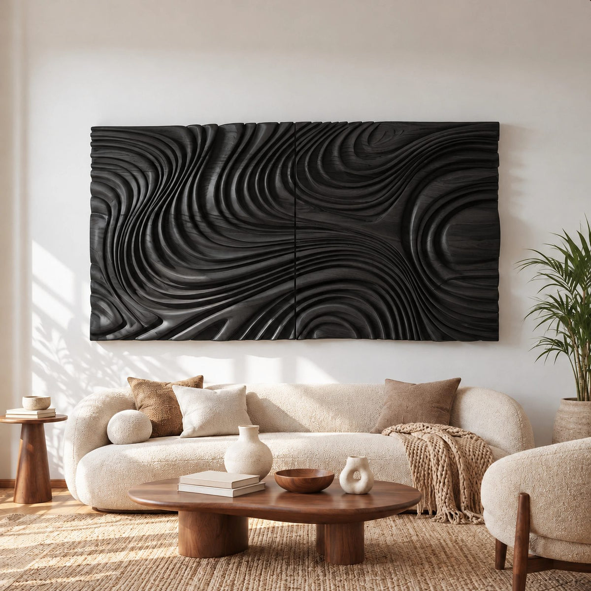 Modern Deep Carved Wave Wall Art With Swirling Grain For Living Room