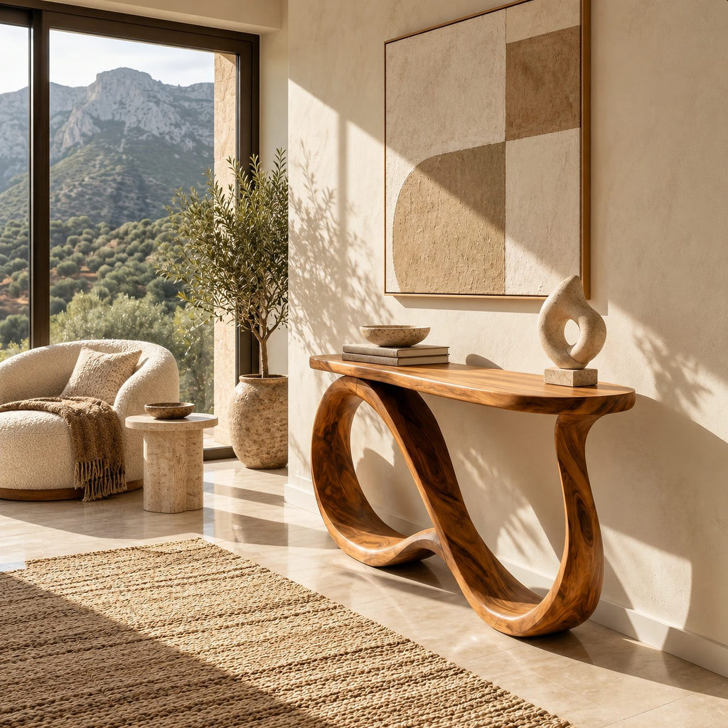 Elegant Solid Wood Console Table With Undulating Loop Base For Entryway