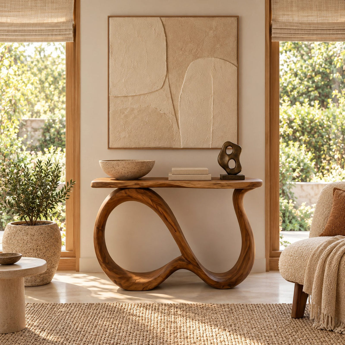 Elegant Solid Wood Console Table With Undulating Loop Base For Entryway