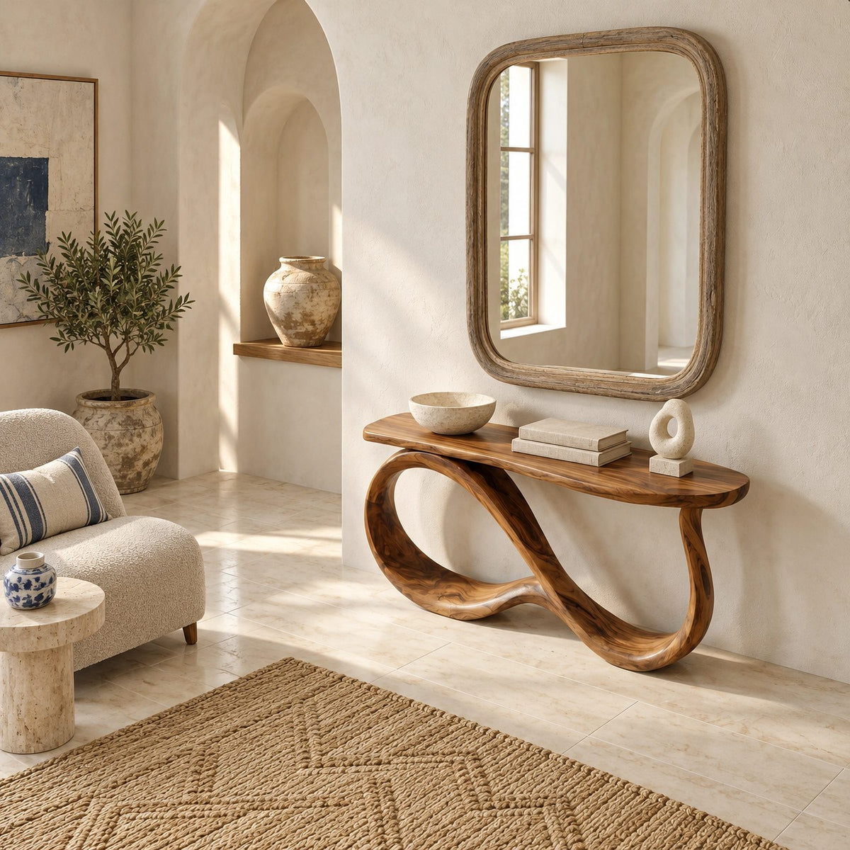 Elegant Solid Wood Console Table With Undulating Loop Base For Entryway