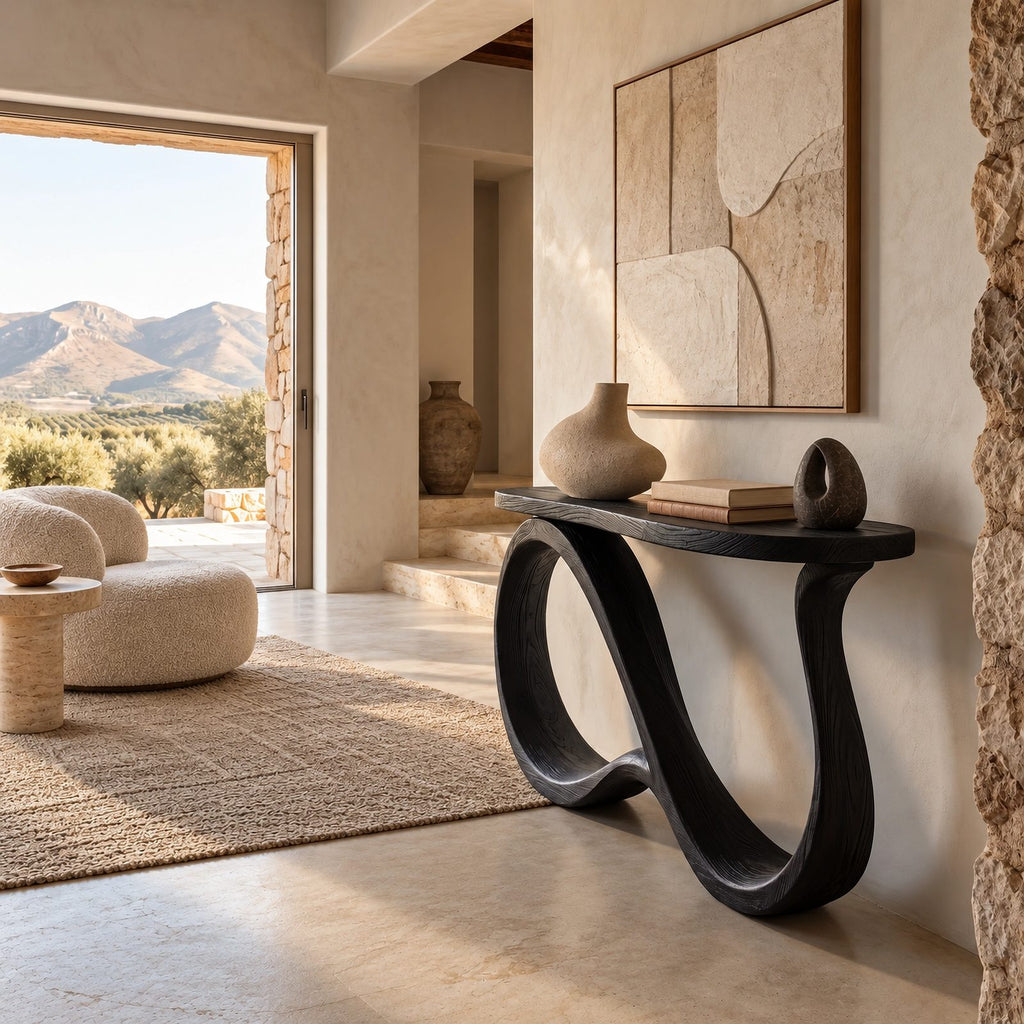 Elegant Solid Wood Console Table With Undulating Loop Base For Entryway