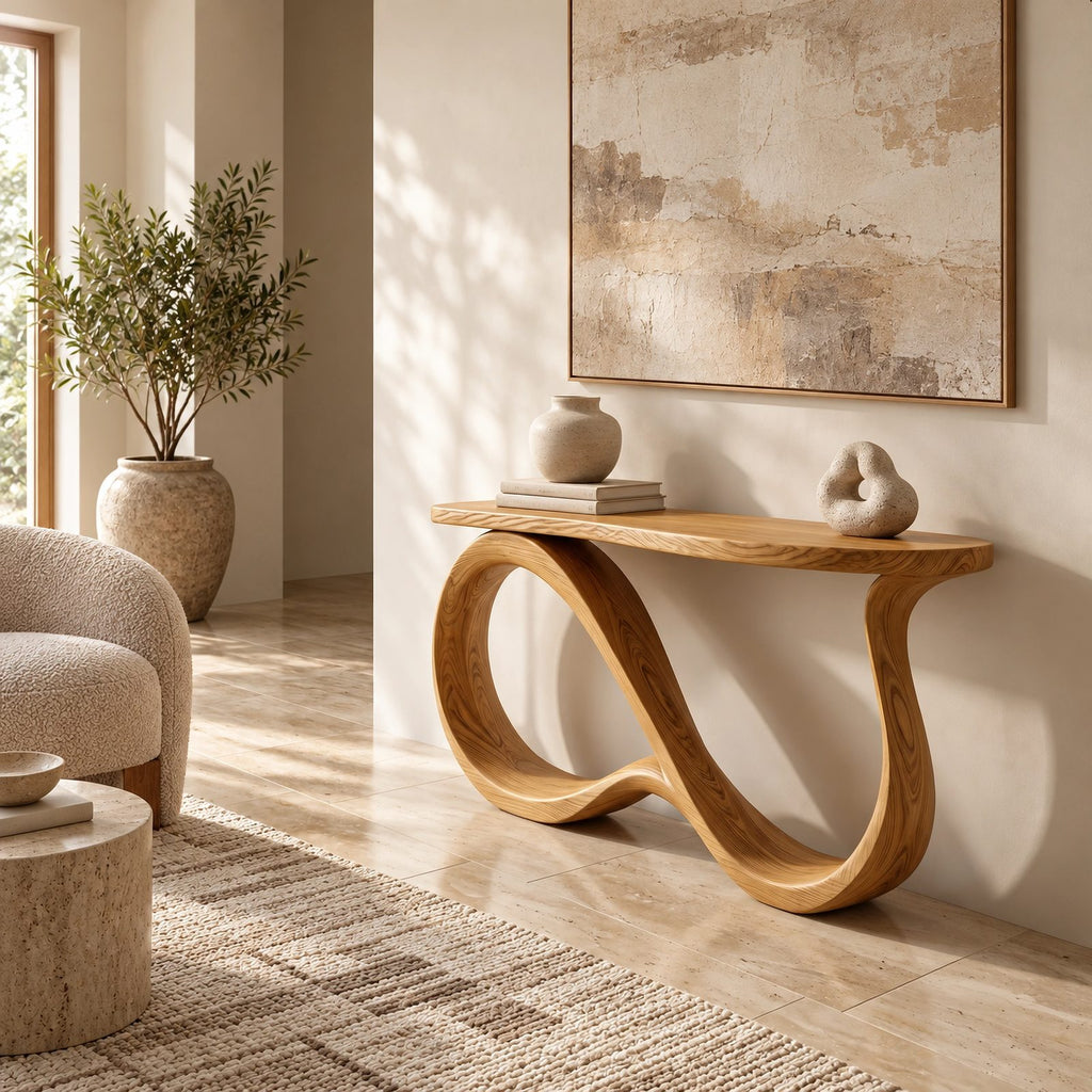 Elegant Solid Wood Console Table With Undulating Loop Base For Entryway