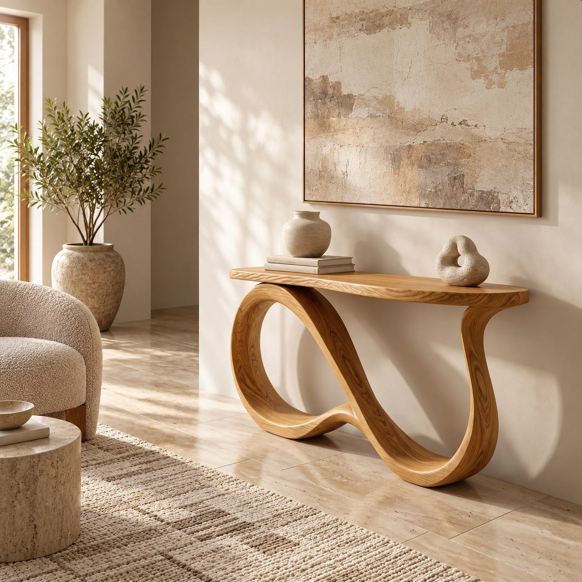 Elegant Solid Wood Console Table With Undulating Loop Base For Entryway