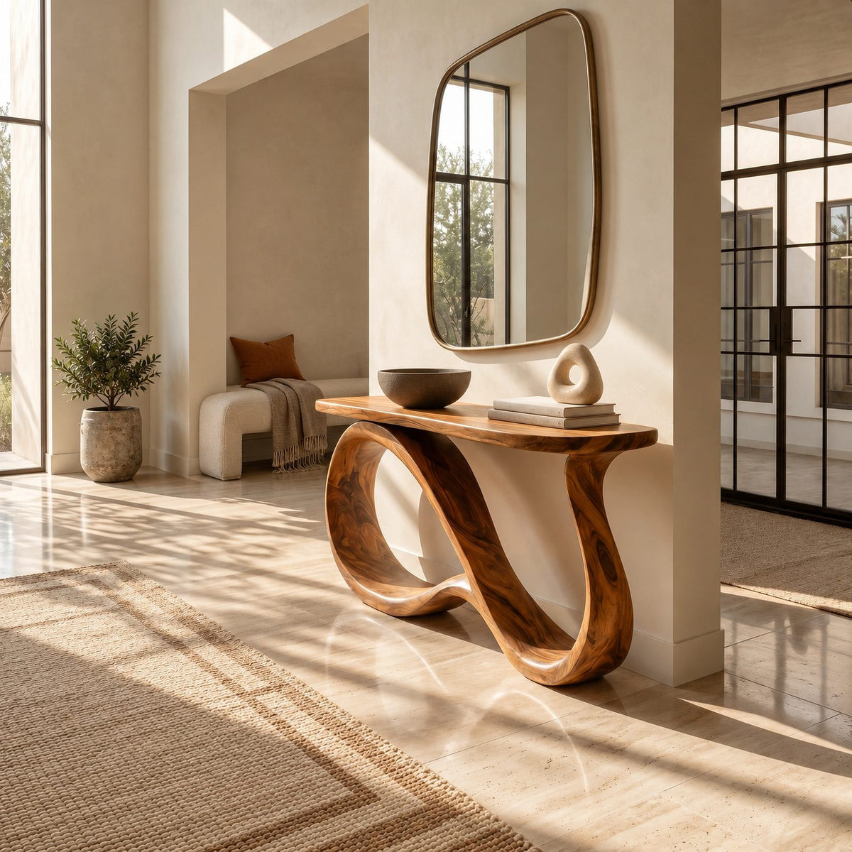 Elegant Solid Wood Console Table With Undulating Loop Base For Entryway