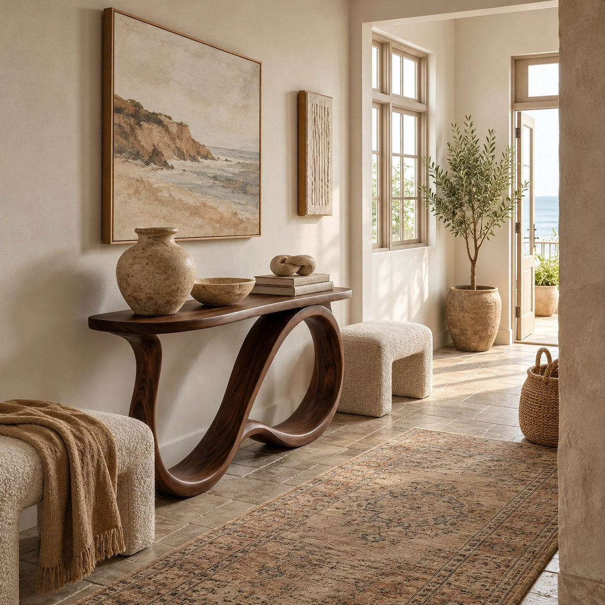 Elegant Solid Wood Console Table With Undulating Loop Base For Entryway