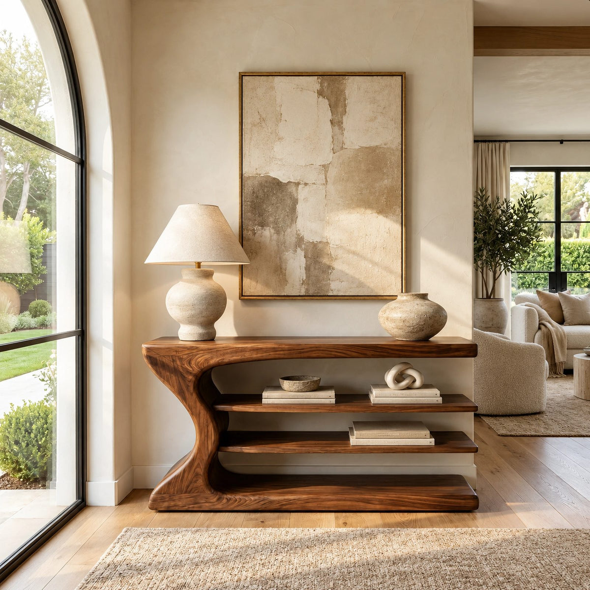 Handmade Curved Console Table With Three Open Shelves For Living Room