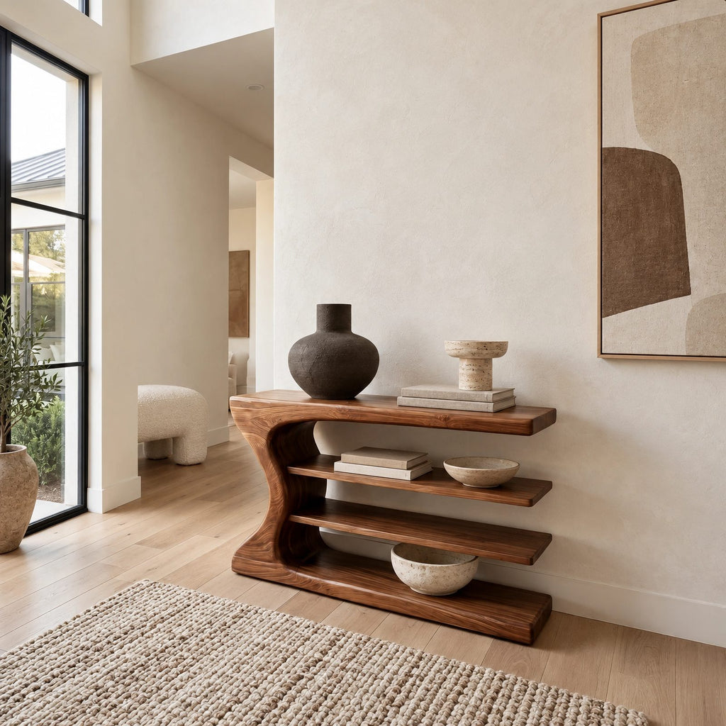 Handmade Curved Console Table With Three Open Shelves For Living Room