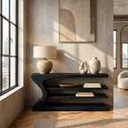 Handmade Curved Console Table With Three Open Shelves For Living Room
