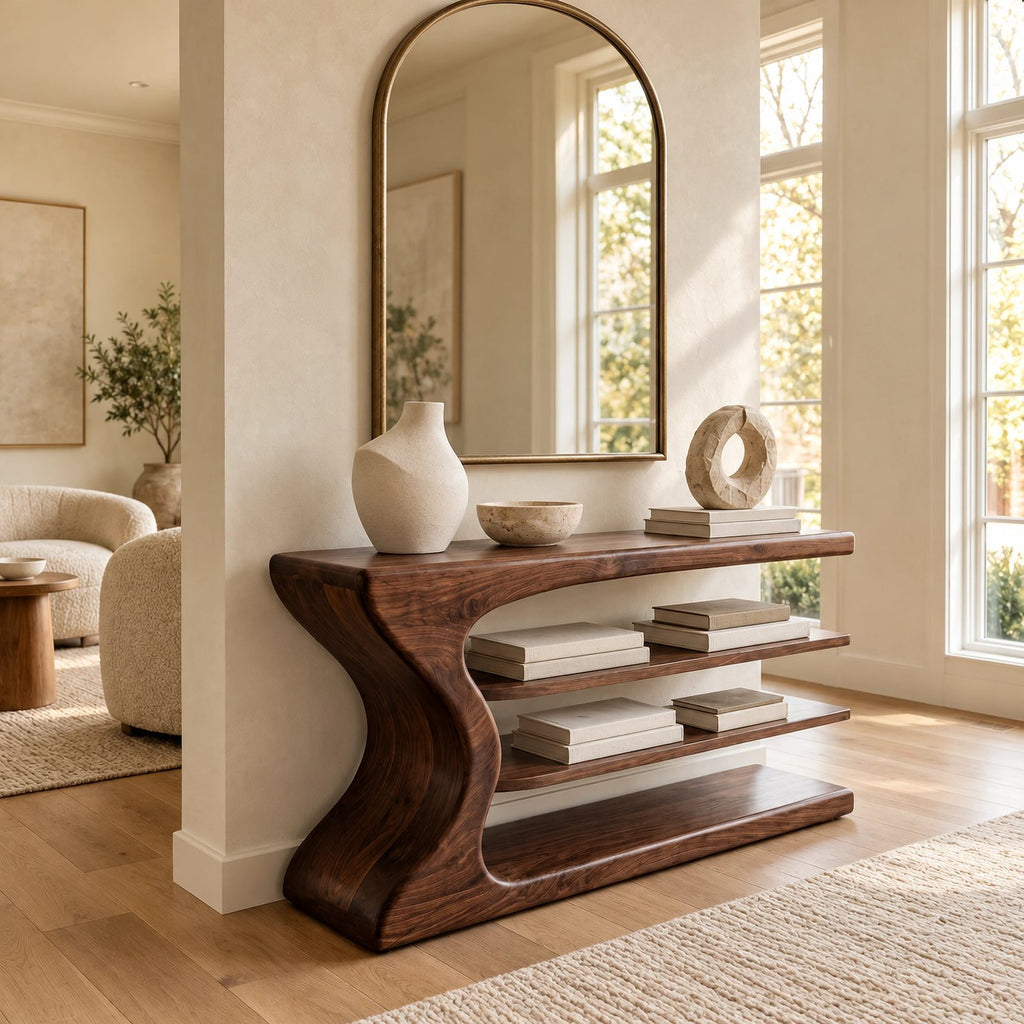Handmade Curved Console Table With Three Open Shelves For Living Room