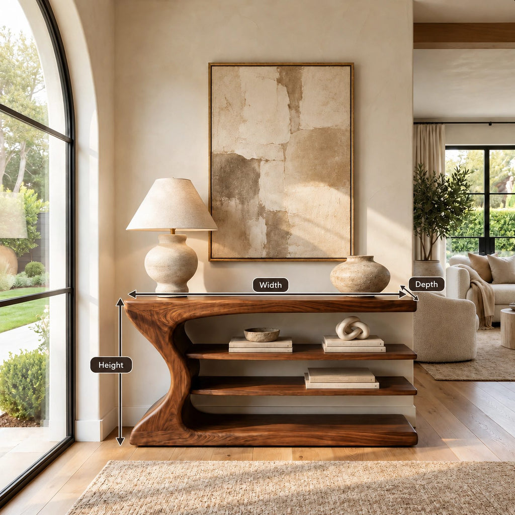 Handmade Curved Console Table With Three Open Shelves For Living Room