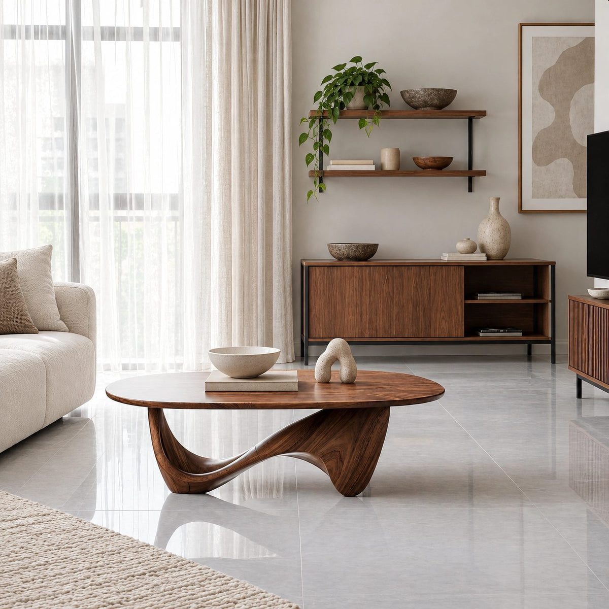 Sculptural Oval Coffee Table With Wave Base For Living Room