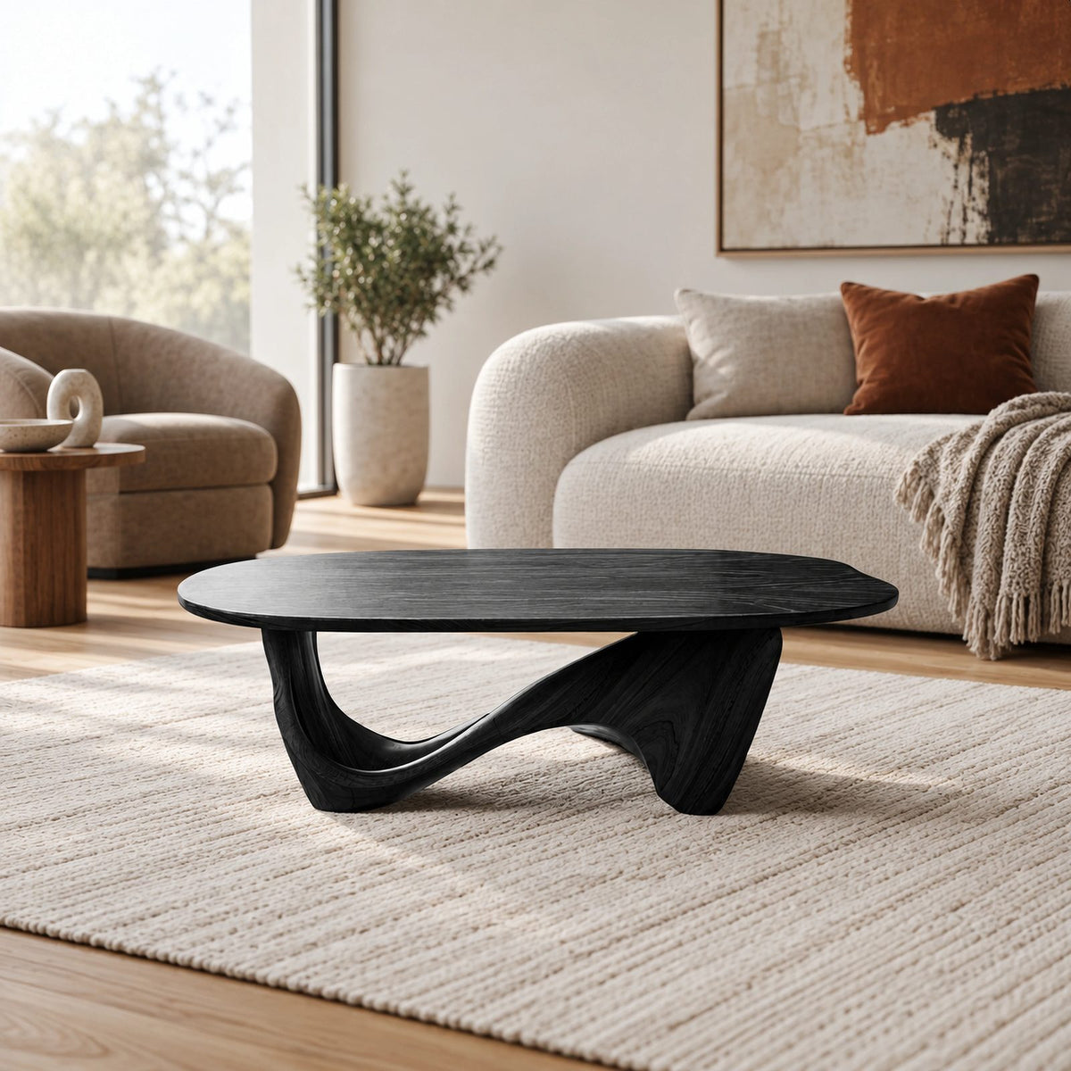 Sculptural Oval Coffee Table With Wave Base For Living Room