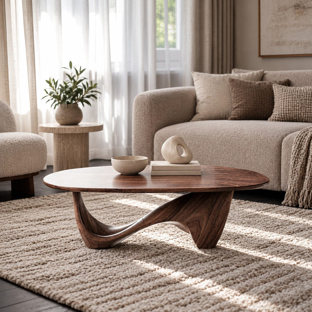 Sculptural Oval Coffee Table With Wave Base For Living Room