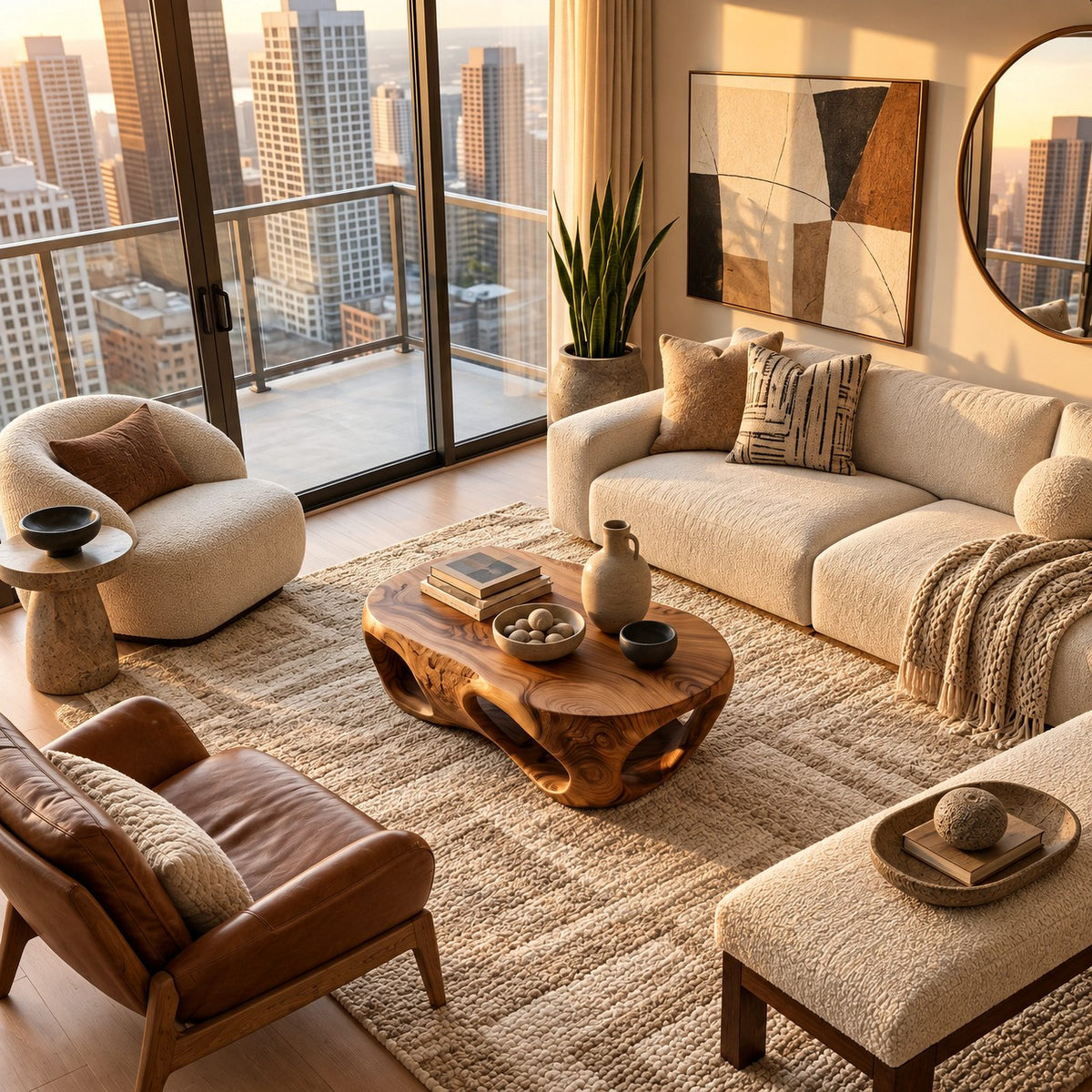 Artistic Carved Coffee Table With Hollow Cutout Base For Living Room