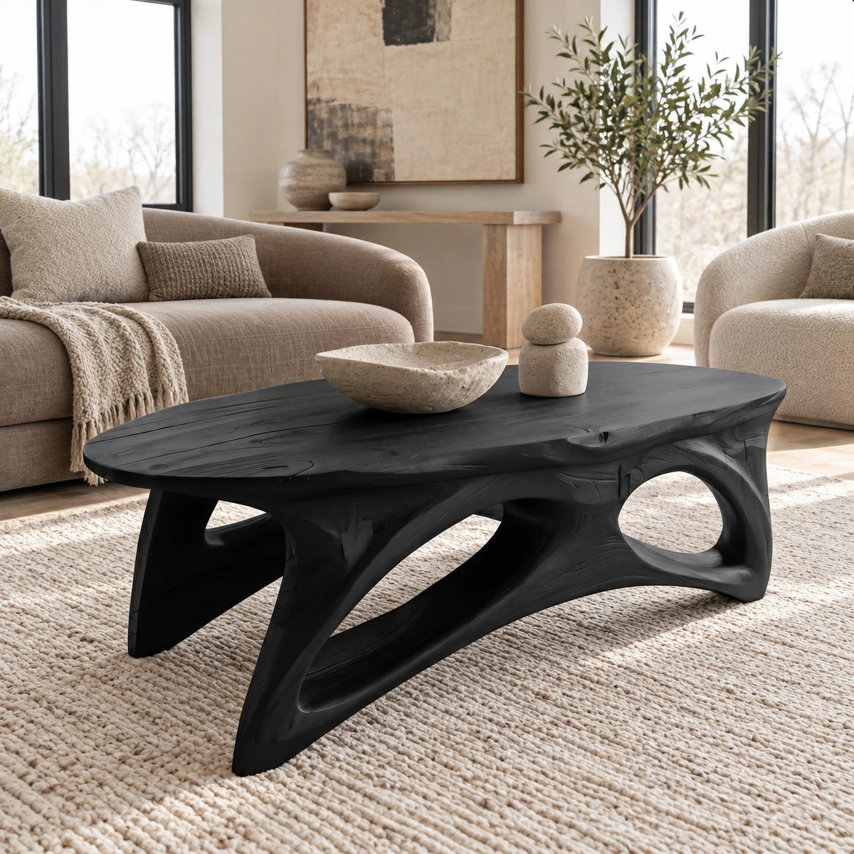 Sculptural Oval Coffee Table With Open Arched Base For Living Room