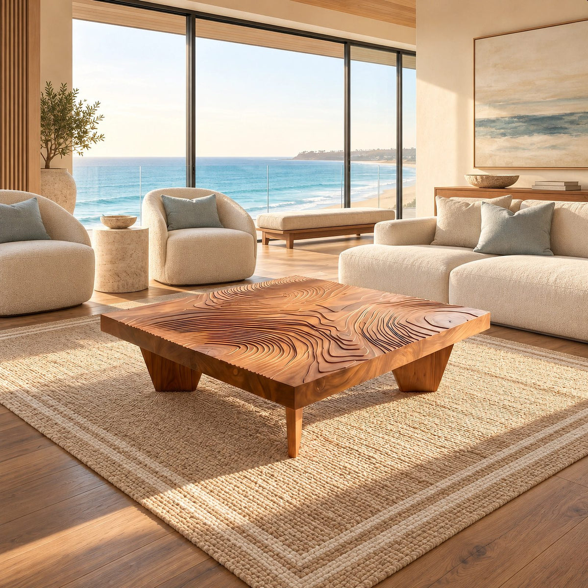 Artisan Carved Square Coffee Table With Ripple Top For Living Room