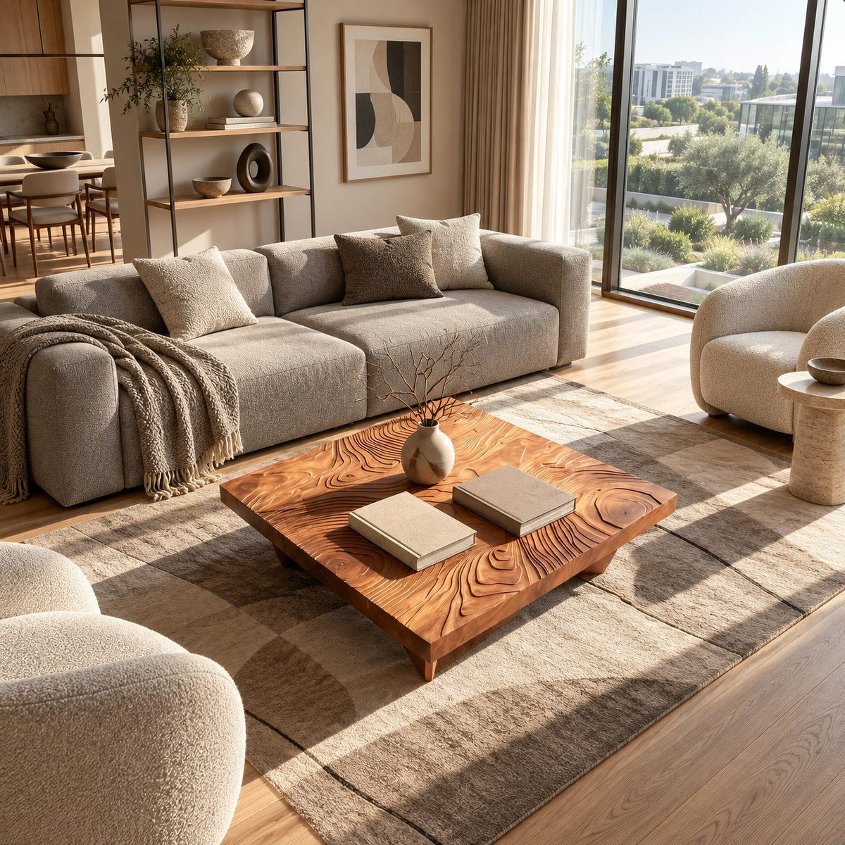 Artisan Carved Square Coffee Table With Ripple Top For Living Room
