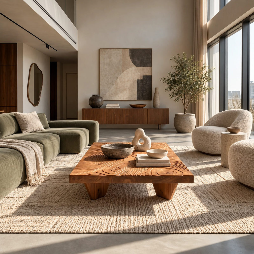 Artisan Carved Square Coffee Table With Ripple Top For Living Room