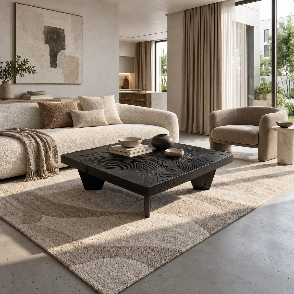 Artisan Carved Square Coffee Table With Ripple Top For Living Room